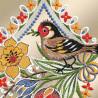 Fensterbild Stieglitz mit Frühlingsblüten Details Plauener Stickerei