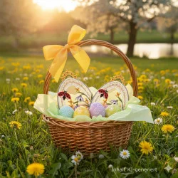 Ein Weidenkorb mit einer gelben Schleife steht im Gras, umgeben von Löwenzahn und Gänseblümchen. Im Korb befinden sich ein lila verziertes Osterei mit Marienkäfer und mehrere kleinere bunte Eier auf grünem Seidenpapier.