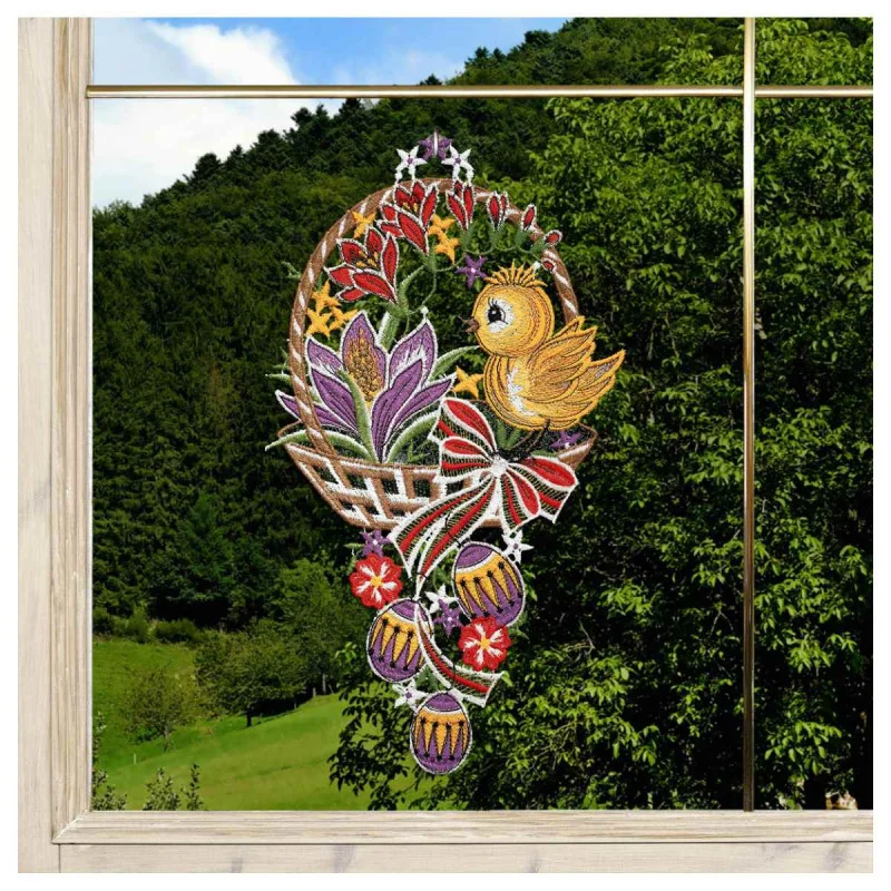 Fensterbild Küken im Osterkorb in lila am Fenster
