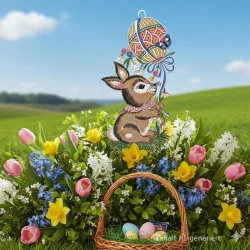 Ein dekoratives Häschen, das ein buntes Ei hält, steht inmitten von Frühlingsblumen - Tulpen, Narzissen und blauen Blüten - auf einer grünen Wiese. Darunter befindet sich ein Weidenkorb mit bemalten Eiern und Süßigkeiten. Der Hintergrund zeigt eine sonnige, hügelige Landschaft.