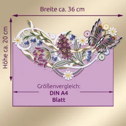 Das Fensterbild Frühlingssinfonie Plauener Spitze mit Blumengirlande ist ein dekorativer Ausschnitt mit bunten Blumen, Blättern und einem Schmetterling. Es ist etwa 36 cm breit und 20 cm hoch. Lila Pfeile zeigen die Maße über dem Text "Größenvergleich: DIN A4 Blatt" auf violettem Hintergrund.