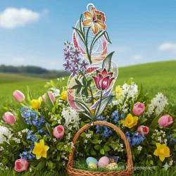 Ein Fensterbild Frühlingsfreude Plauener Spitze mit floralen Motiven in Form einer großen verschnörkelten "8" steht aufrecht im grünen Gras. In der Nähe steht ein Weidenkorb mit pastellfarbenen Ostereiern, Tulpen, Narzissen und Glockenblumen auf einer sonnenbeschienenen Frühlingswiese.