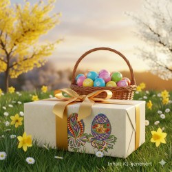 Eine Geschenkschachtel mit goldenem Band und verzierten Ostereiern steht im Gras zwischen gelben Blumen. Dahinter befindet sich ein Weidenkorb, der mit bunten Ostereiern gefüllt ist. Im Hintergrund sind blühende Bäume und ein Sonnenuntergangshimmel zu sehen.