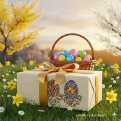Eine Geschenkschachtel mit goldenem Band und verzierten Ostereiern steht im Gras zwischen gelben Blumen. Dahinter befindet sich ein Weidenkorb, der mit bunten Ostereiern gefüllt ist. Im Hintergrund sind blühende Bäume und ein Sonnenuntergangshimmel zu sehen.