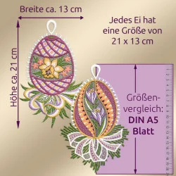 Abgebildet sind zwei aufwendig bestickte Ostereier, jeweils ca. 21 cm hoch und 13 cm breit, mit floralen Mustern und Spitzenrändern. Ein Lineal und ein DIN-A5-Blatt sind zur Veranschaulichung neben dem deutschen Text, der die Maße der Eier beschreibt, abgebildet.