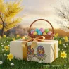 Eine Geschenkschachtel mit einem goldenen Band und Ostereiermotiven steht im Gras zwischen gelben Blumen. Dahinter ist ein Weidenkorb zu sehen, der mit bunt verzierten Eiern gefüllt ist. Blühende Bäume und sanftes Sonnenlicht schaffen eine frühlingshafte, festliche Szene.