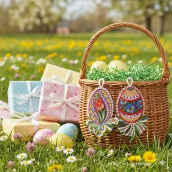 Ein Weidenkorb mit Gras, bemalten Eiern und zwei verschnörkelten eiförmigen Ornamenten steht auf einem Feld mit grünem Gras und Blumen. Pastellfarbene Geschenkboxen und weitere bemalte Eier umgeben den Korb. Im Hintergrund sind blühende Bäume und ein klarer Himmel zu sehen.