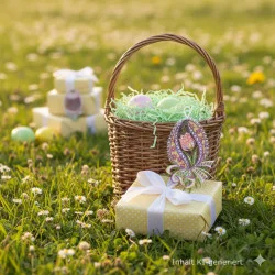 Ein Weidenkorb, gefüllt mit pastellfarbenen Ostereiern und grünem geschreddertem Papier, steht auf einem Rasen mit kleinen Gänseblümchen. In der Nähe stehen mit gelbem gepunktetem Papier und weißen Bändern umwickelte Geschenkkartons. Die Szene ist hell erleuchtet und festlich.