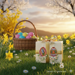 Eine dekorierte Geschenkschachtel mit zwei verschnörkelten Ostereier-Ornamenten steht im Gras zwischen gelben Blumen. Dahinter befindet sich ein mit bunten Ostereiern gefüllter Korb. Blühende Bäume und ein warmer Sonnenuntergangshimmel vervollständigen die festliche Frühlingsszene. Der Text lautet "Inhalt KI-generiert.