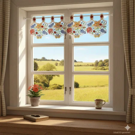 Ein sonnendurchflutetes Fenster mit einem bunten, blumengemusterten Volant bietet einen Blick auf eine grüne Wiese und Bäume. Auf der hölzernen Fensterbank im Inneren stehen eine Topfpflanze und eine Tasse, die eine gemütliche, einladende Atmosphäre im Raum schaffen.