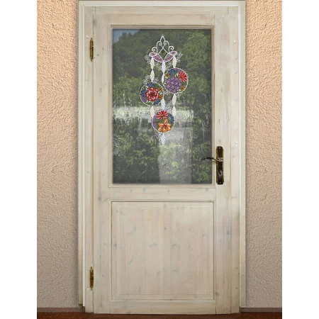 Fensterbild Blütenbälle rot-blau  Vogtländische Spitze | Elegante Blumenstickerei für Küche & Wohnen 40x19 cm