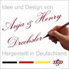 Eine Hand schreibt "Anja & Henry Drechsler" in roter Schrift auf weißem Hintergrund. Darüber steht in grauer Schrift "Idee und Design von", darunter der Satz "Hergestellt in Deutschland". Am unteren Rand sind die deutsche Flagge und ein dekoratives Logo abgebildet.