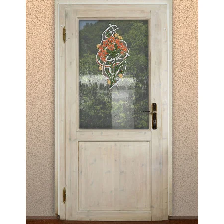 Fensterbild Allium orange | Echte Vogtländische Spitze | Blumenstickerei Fensterdeko Landhaus-Stil 33x17 cm