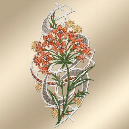 Fensterbild Allium orange | Echte Vogtländische Spitze | Blumenstickerei Fensterdeko Landhaus-Stil 33x17 cm