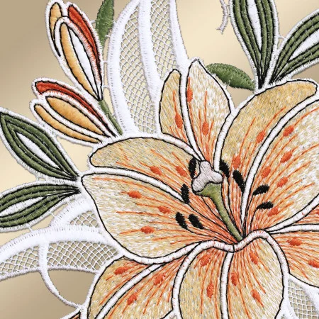 Fensterbild Leila mit Lilie gelb | Echte Vogtländische Spitze 33x18 cm