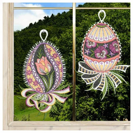 2er Set Fensterbilder Ostereier mit Tulpe und Veilchen am Fenster