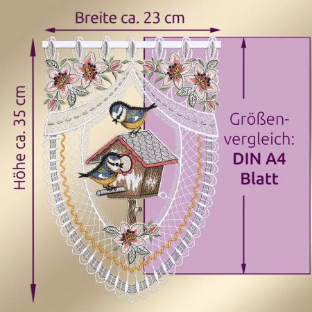 Scheibengardine Vogelparadies Plauener Spitze Deko-Set | Ganzjahres-Scheibenhänger Meise mit Apfelblüte Kurzgardine individuell kombinieren