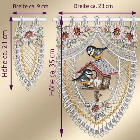 Scheibengardine Vogelparadies Plauener Spitze Deko-Set | Ganzjahres-Scheibenhänger Meise mit Apfelblüte Kurzgardine individuell kombinieren