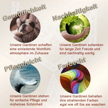 Vier runde Bilder mit Text: Ein Hund im Arm (Gemütlichkeit), Hände halten eine grüne Erdkugel (Nachhaltigkeit), eine weiße Feder (Pflegeleicht), bunte Farbschlieren (Farbrecht). Darunter je kurzer Text über Gardinen-Eigenschaften.