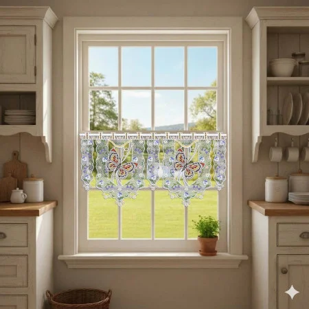 Eine gut beleuchtete Küche mit cremefarbenen Schränken und Arbeitsplatten aus Holz. Ein Fenster ist mit einem Spitzenvorhang bedeckt, der mit bunten Schmetterlings- und Blumenmustern verziert ist. Durch das Fenster sind grünes Gras, Bäume und ein blauer Himmel zu sehen.