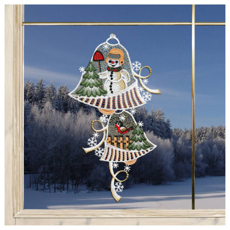Winter-Fensterbild Glocken mit Schneemann Dekobeispiel am Fenster