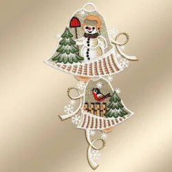 Spitzenbild Glocken mit Schneemann vor goldenem Hintergrund