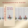Ein weißer Spitzenvorhang ist mit sich wiederholenden roten Motiven von Leuchttürmen, Bäumen und Wellen verziert. Ein überlagerter Kasten umrahmt einen Ausschnitt, der zur Angabe der Maße rot mit „Höhe ca. 35 cm“ und „ca. 16 cm breit“ beschriftet ist. Der Hintergrund ist beige, oben befindet sich ein deutscher Text.