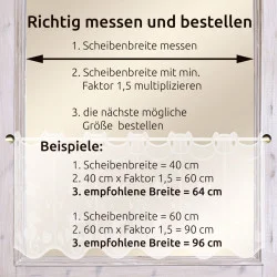 Eine grafische Anleitung auf Deutsch erklärt, wie man die Vorhangbreite misst und bestellt: Messen Sie das Fenster, multiplizieren Sie das Ergebnis mit 1,5 und wählen Sie die nächstgrößere verfügbare Größe aus. Enthält zwei Beispiele mit Fensterbreiten von 40 cm und 60 cm, wobei jeweils die passende Bestellgröße angege