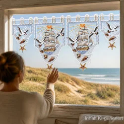Eine Frau mit einem blonden Dutt blickt aus dem Fenster auf einen Sandstrand und die Meereswellen. Sie hält einen durchsichtigen Vorhang in der Hand, der mit Motiven von Schiffen, Muscheln, Vögeln und orangefarbenen Sonnen verziert ist. Sonnenlicht fällt in den Raum und lässt die Einrichtung erstrahlen.