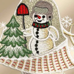 Fensterdeko Glocken mit Schneemann Detailbild Stickerei