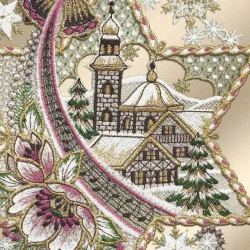 Fensterdeko Stern mit Kirche Detailbild rosa Stickerei