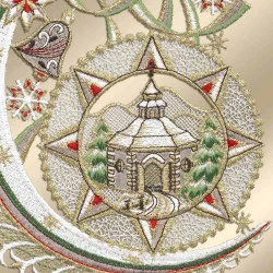 Fensterdeko Mondkapelle grau Detailansicht Stickerei