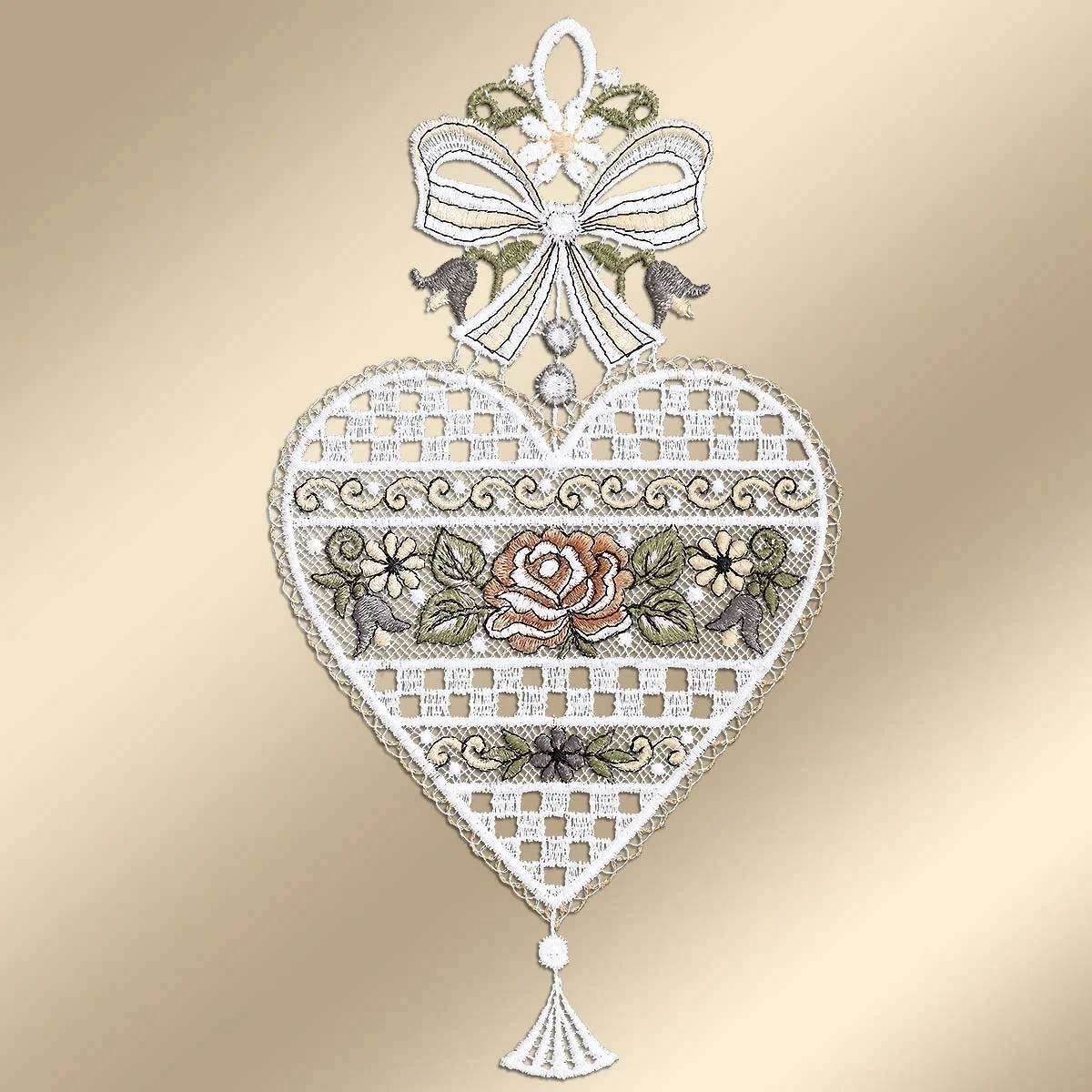 Fensterbild Herz Annnemarie mit Karomuster und Rosen vor einem goldenen Hintergrund