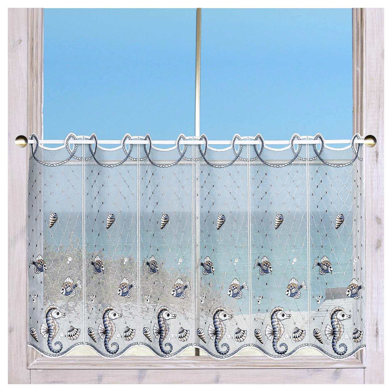 Bestickte Scheibengardine Unterwasserwelt mit kleinen Fischen und Seepferchen an einem Holzfenster dekoriert.