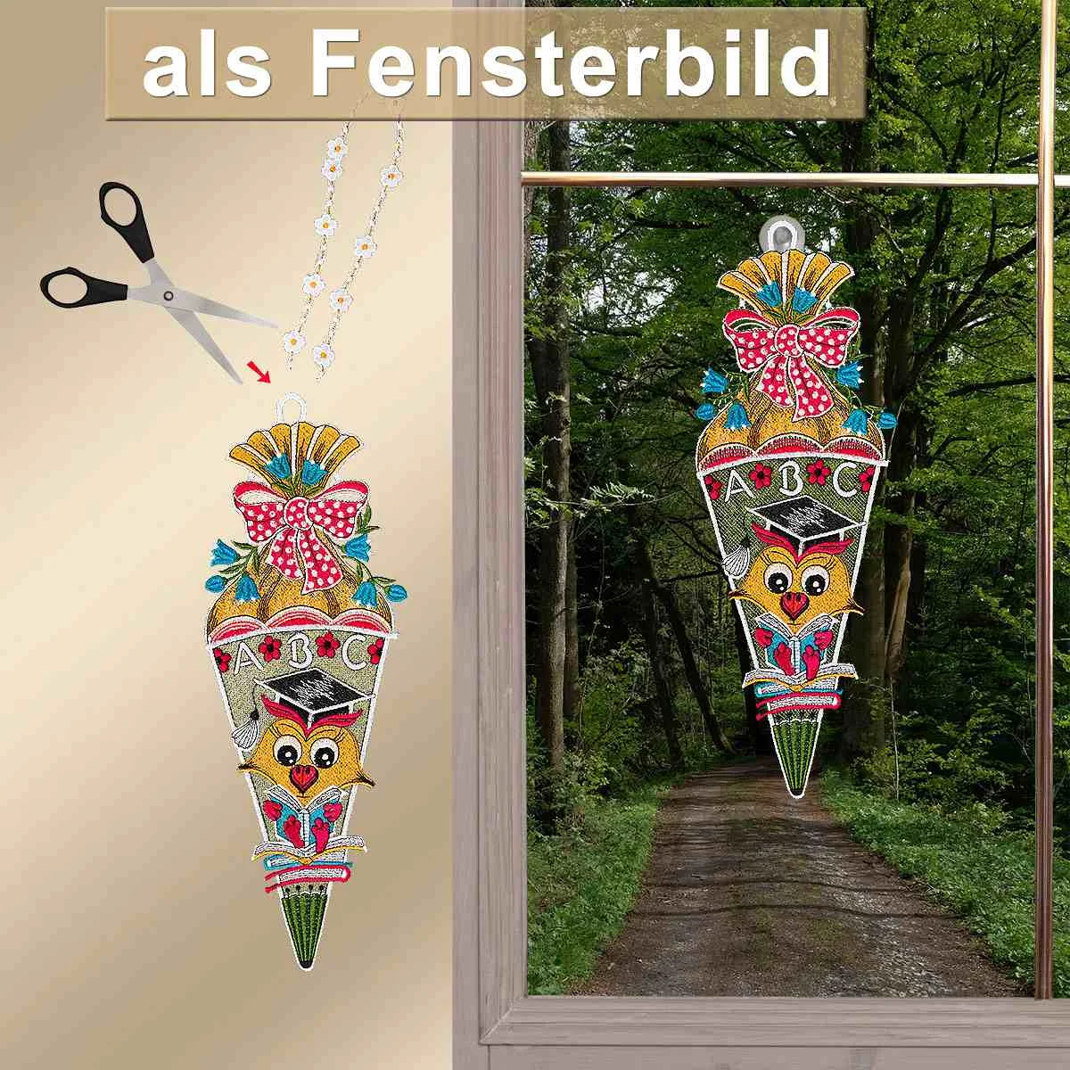 Gestickte Zuckertüte Eule als Fensterbild