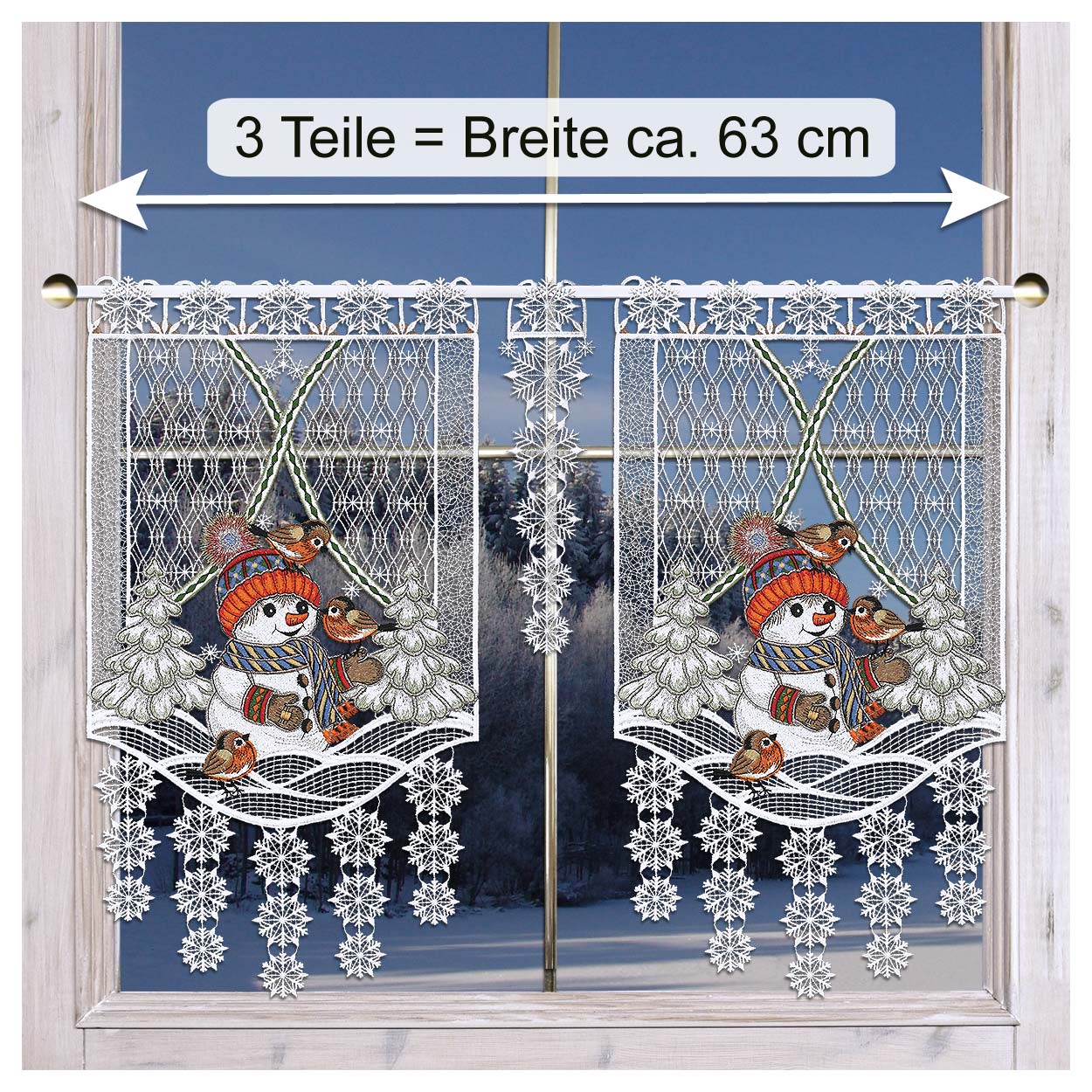 Deko-Set Winter-Spitzengardinen mit 3 Teilen Fröhliche Winterzeit mit Schneemann