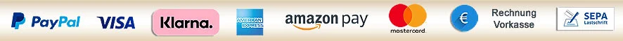 Logos der Zahlungsmöglichkeiten vor gold-beigem Hintergrund: Paypal, Visa, Klarna, Amazon-Pay, Ameri