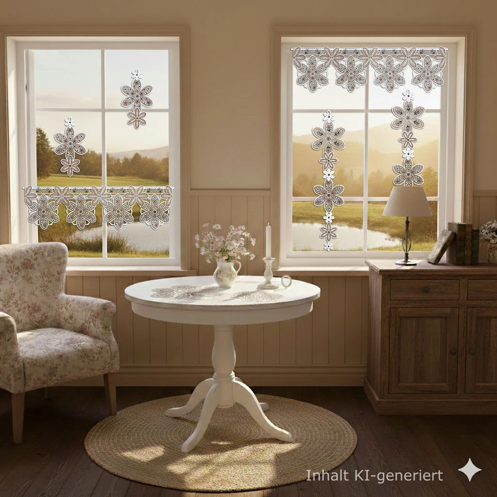 Ein gemütliches, sonnendurchflutetes Zimmer mit zwei dekorierten Fenstern, die mit Plauener Spitze Gardinen geschmückt sind und eine malerische Landschaft zeigen, einem weißen runden Tisch mit Kerze und Vase, einem Blumensessel und einem Holzschrank. Zarte Spitzenvorhänge unterstreichen die exquisite Stickereikunst.