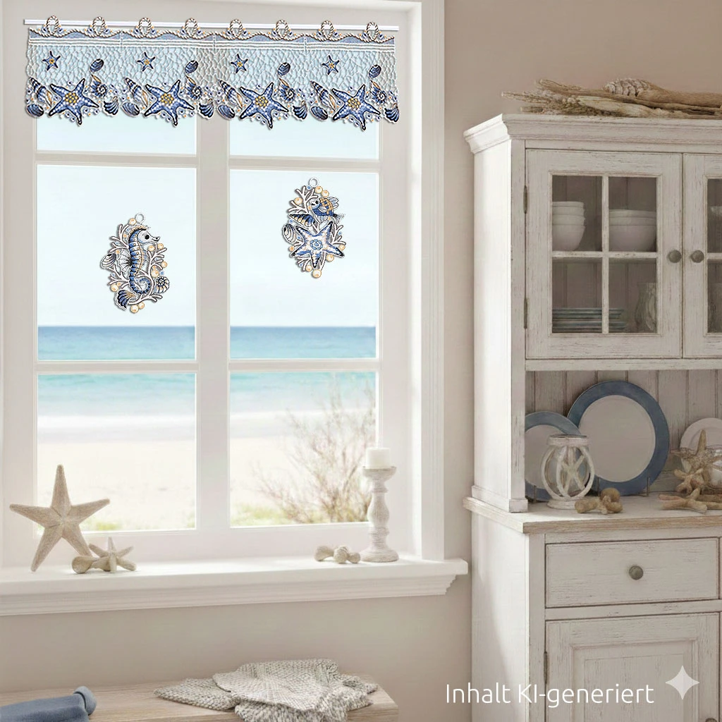 Ein helles, strandbezogenes Zimmer mit einem Fenster, das mit zarten Plauener Spitze Gardinen verkleidet ist und einen Blick auf das Meer bietet. Ein weißer Schrank und ein Regal, die mit Seesternen, Muscheln und Geschirr geschmückt sind, unterstreichen die küstennahe Einrichtung, während natürliches Licht den Raum erfüllt.