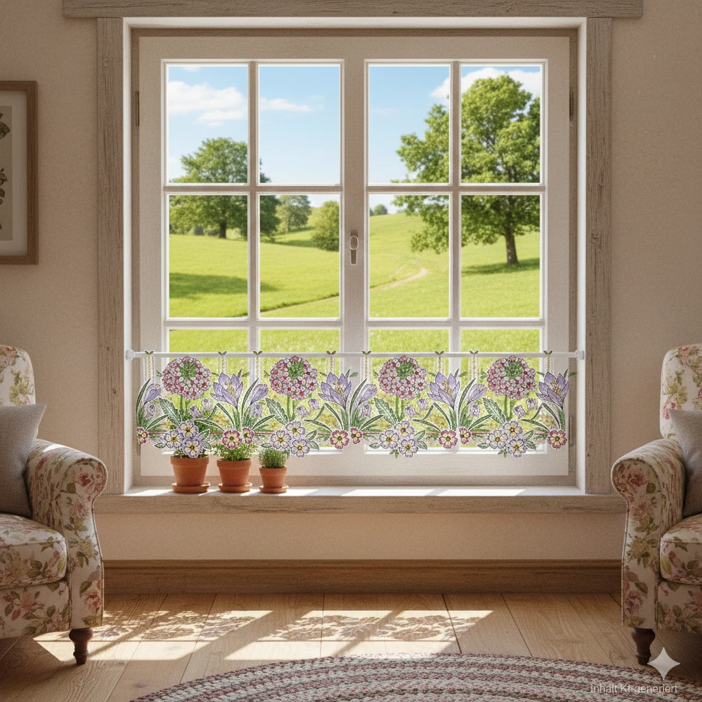 Beispielbild der Frühlingsgardine Frühlingstraum an einem Holzfenster