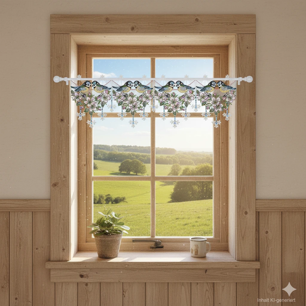 Scheibengardine Vogelgezwitscher an einem LAndhausfenster
