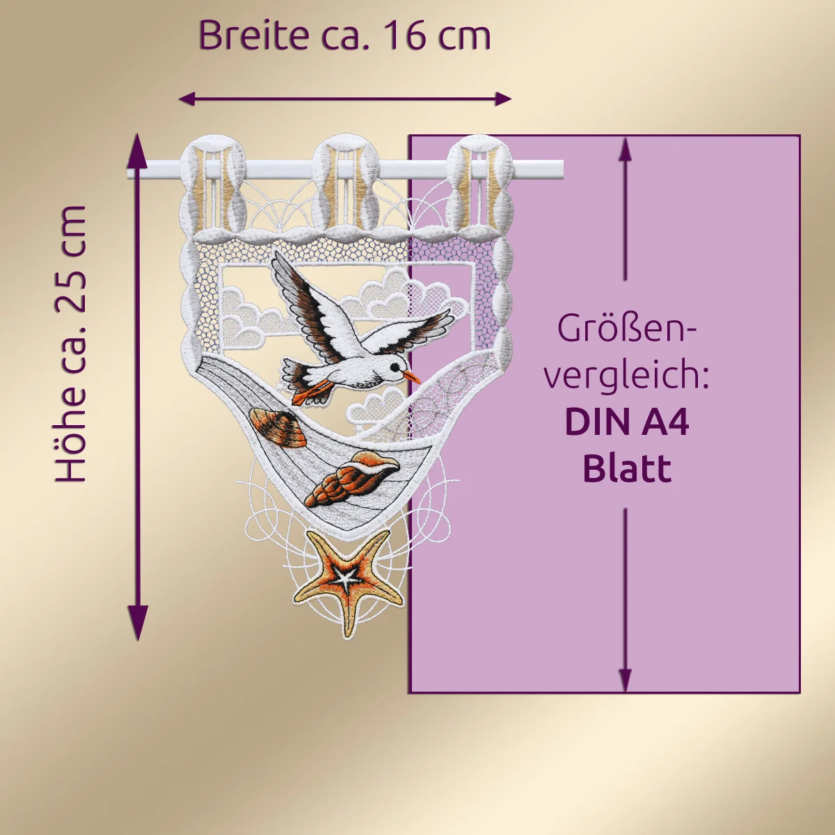 Größenvergleich Scheibenhänger Möve, Höhe ca. 25 cm, Breite ca. 16 cm, DIN A4 Blatt