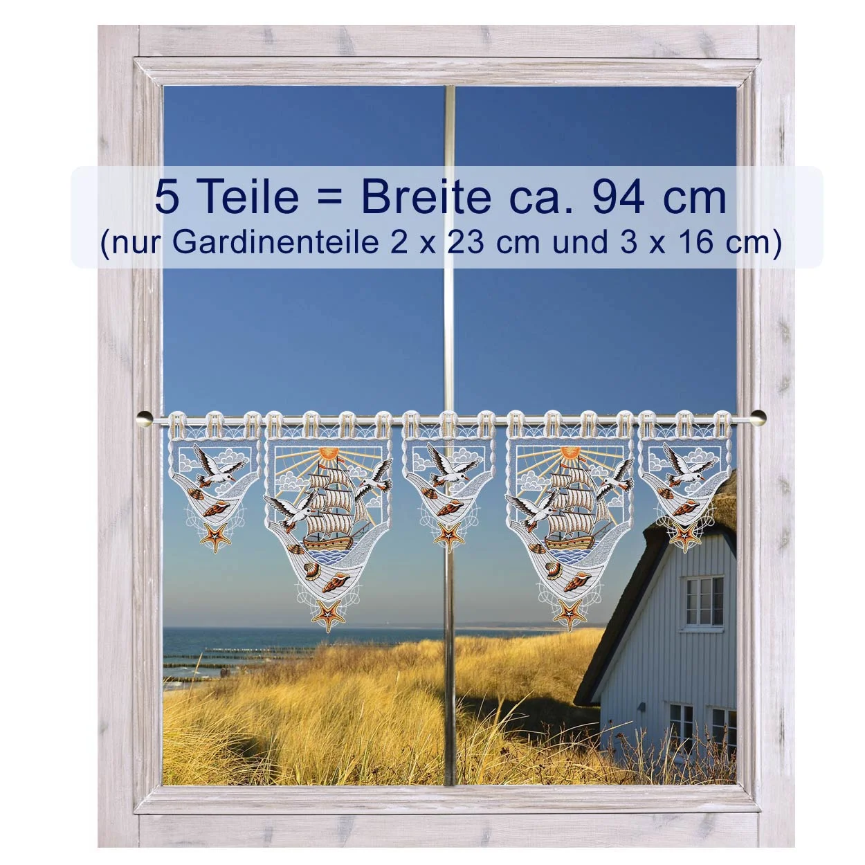 Scheibenhänger-Set Sehnsucht nach Meer, 5 Teile, 2x Segelschiff und 3x Möve, ca. 94 cm Gesamtbreite