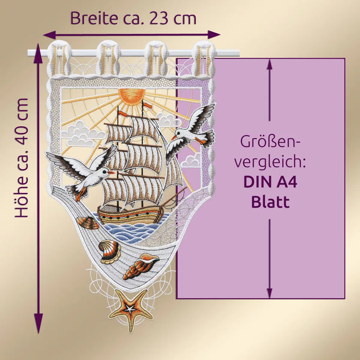 Größenvergleich Scheibenhänger Segelschiff, Höhe ca. 40 cm, Breite ca. 23 cm, DIN A4 Blatt