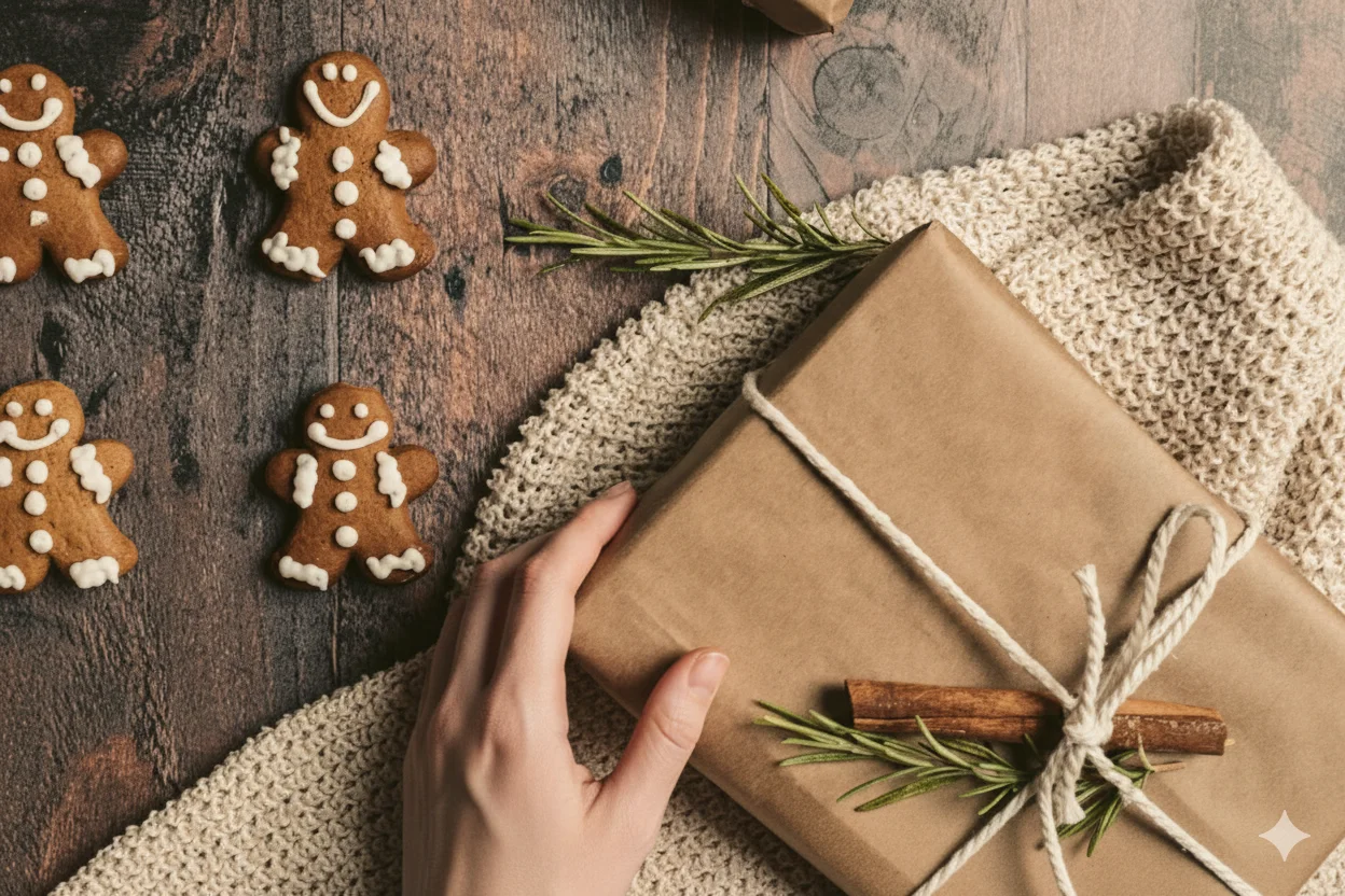 Eine Hand hält ein in braunes Papier und Schnur eingewickeltes Geschenk, das mit einer Zimtstange, Rosmarin und einem Hauch von Plauener Spitze verziert ist. In der Nähe liegen vier Lebkuchen und ein gestricktes cremefarbenes Tuch auf einer dunklen Holzfläche.